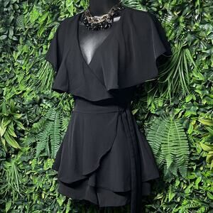 LULUS Romper Women XS Black Aldrin Ruffle‎ Neck Skort Tie Waist Jumpsuit 2775